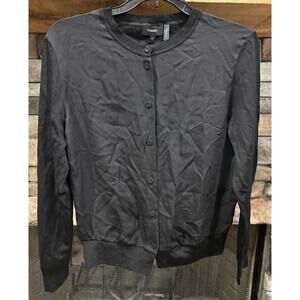 Women’s THEORY Black Button Up Silk Front Cardigan Sweater Sizer M *C6